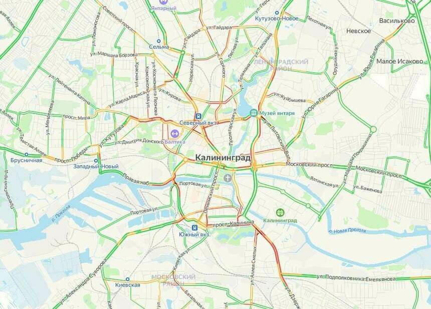 Калининград в пятницу днём встал в 7-балльных пробках - Новости Калининграда | Скриншот сервиса «Яндекс.Карты»