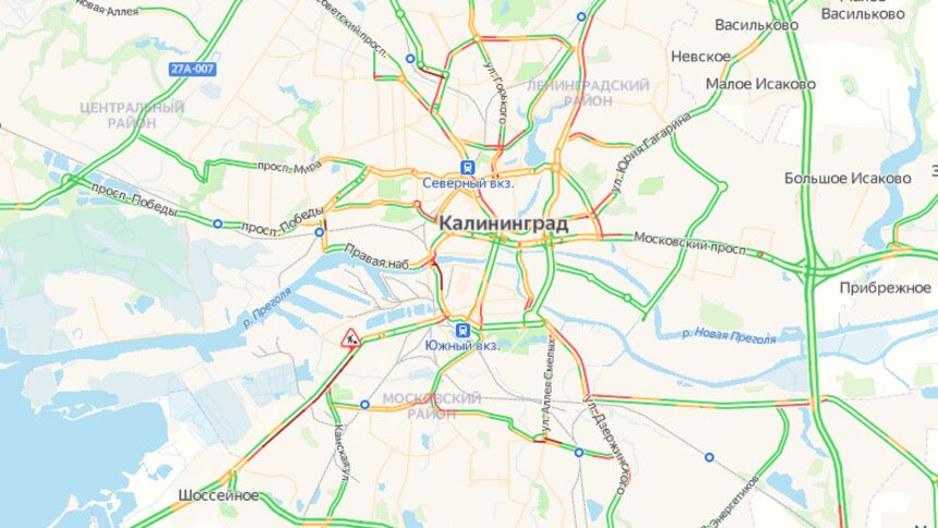 Застывшие Кутузова и Невского: Калининград утром в среду встал в километровых пробках - Новости Калининграда | Скриншот сервиса «Яндекс. Карты»