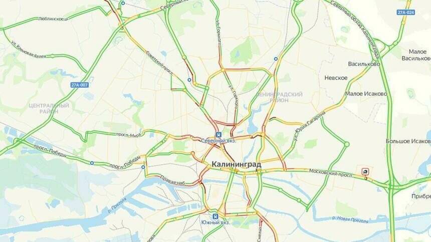 Калининград третий день подряд стоит в 7-балльных пробках - Новости Калининграда | Скриншот сервиса «Яндекс.Карты»