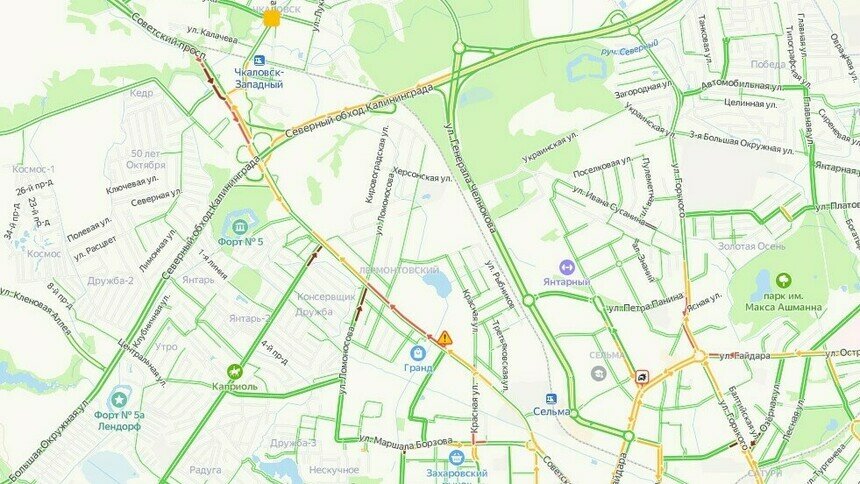 На выезде из Калининграда в пятницу утром собралась километровая пробка - Новости Калининграда | Скриншот сервиса «Яндекс. Карты»