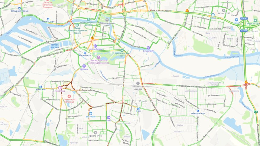 Утром во вторник Московский район Калининграда встал в километровых пробках - Новости Калининграда | Скриншот сервиса «Яндекс. Карты»