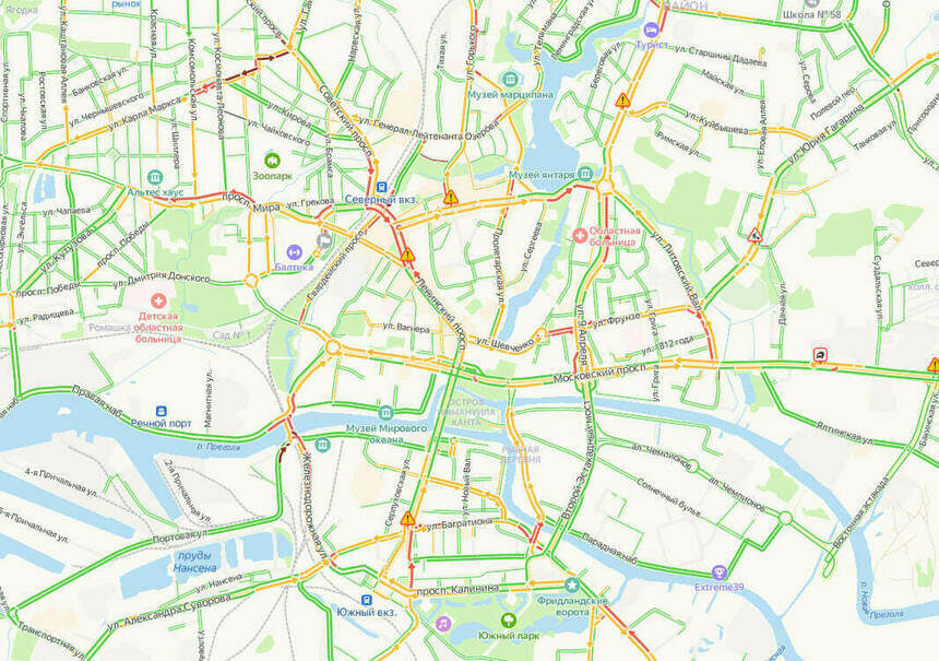 Центр Калининграда днём в пятницу встал в километровой пробке - Новости Калининграда | Скриншот сервиса «Яндекс.Карты»