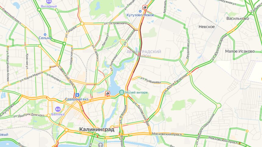 В Калининграде улица Невского встала в двухкилометровой пробке - Новости Калининграда | Скриншот сервиса «Яндекс.Карты»