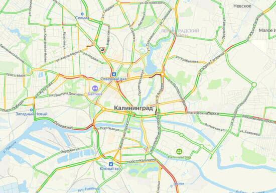 В центре Калининграда днём в пятницу собралась километровая пробка - Новости Калининграда | Скриншот сервиса «Яндекс.Карты»