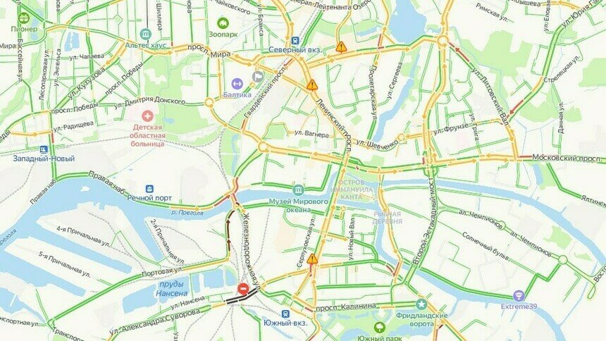 Мост на Советском и в районе Портовой: где утром в Калининграде собрались пробки - Новости Калининграда | Скриншот сервиса «Яндекс. Карты»