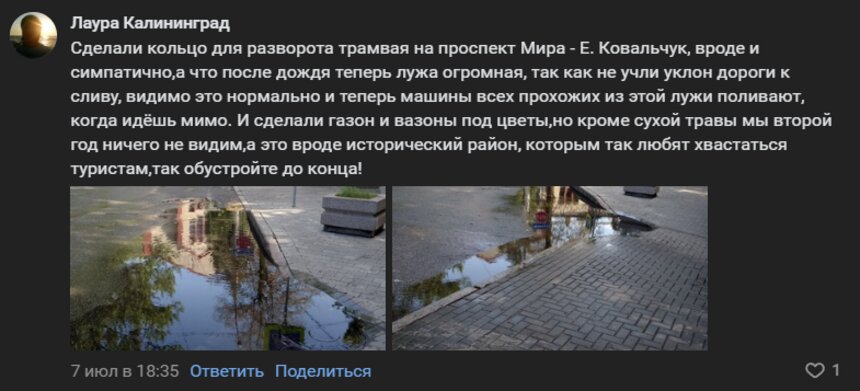 «Всех прохожих поливают»: в мэрии пообещали разобраться с гигантской лужей возле Центрального парка - Новости Калининграда | Скриншот страницы «ВКонтакте»