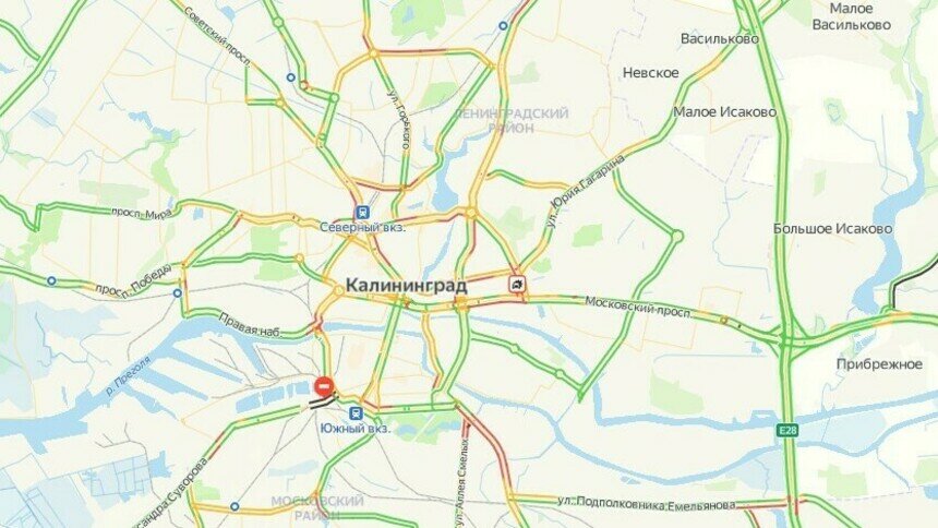 Центр Калининграда днём в пятницу встал в пробках - Новости Калининграда | Скриншот сервиса «Яндекс. Карты»