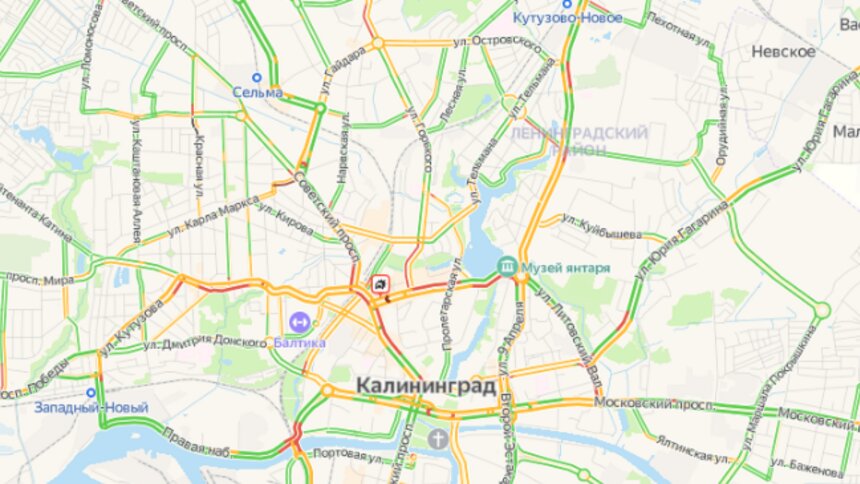 Два ДТП и дорожные работы: центр Калининграда встал в пробках - Новости Калининграда | Скриншот сервиса «Яндекс. Карты»