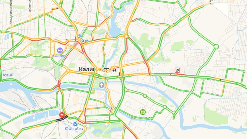 В пятницу на выезде из Калининграда в сторону моря собралась пробка - Новости Калининграда | Скриншот сервиса «Яндекс.Карты»