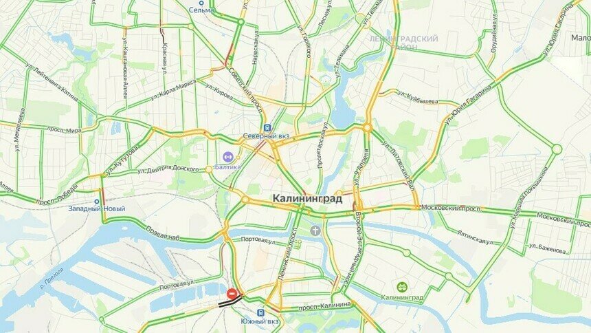 Гайдара, двухъярусный мост и Моспроспект: где в Калининграде утром в понедельник собираются пробки - Новости Калининграда | Скриншот сервиса «Яндекс. Карты»