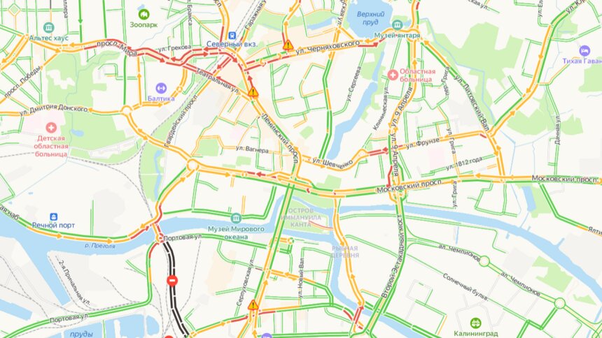 Коллапс в центре и пробка на Южном обходе: вечером в четверг Калининград снова встал в пробках - Новости Калининграда | Скриншот сервиса «Яндекс.Карты»