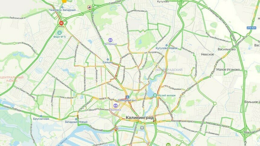 Центр Калининграда утром во вторник встал в пробках - Новости Калининграда | Скриншот сервиса «Яндекс. Карты»
