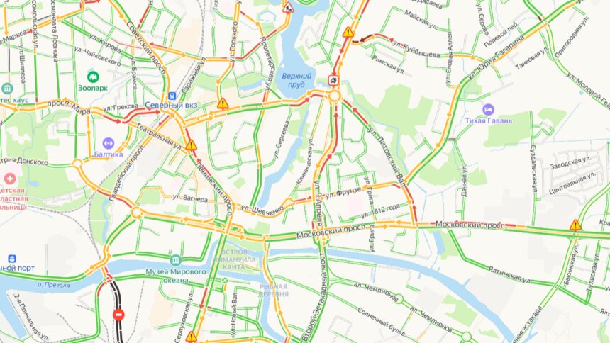 Три пробки на Советском и две — на Емельянова: где утром в пятницу не проехать калининградским автомобилистам - Новости Калининграда | Скриншот сервиса «Яндекс.Карты»