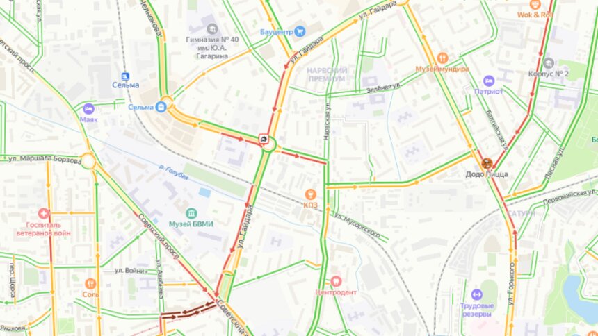 На Гайдара из-за ДТП на кольце собираются пробки у всех съездов - Новости Калининграда | Скриншот сервиса «Яндекс.Карты»