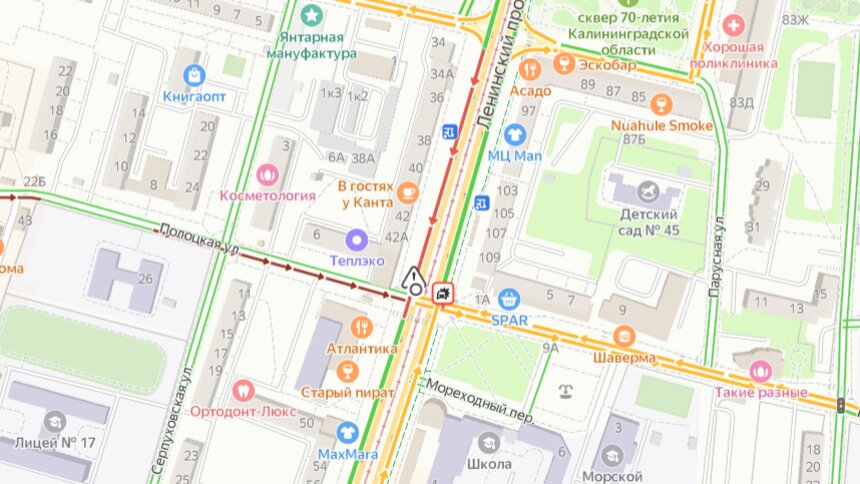 «Пожарная и скорая на месте»: на Ленпроспекте произошло ДТП (видео)   - Новости Калининграда | Скриншот сервиса «Яндекс. Карты»