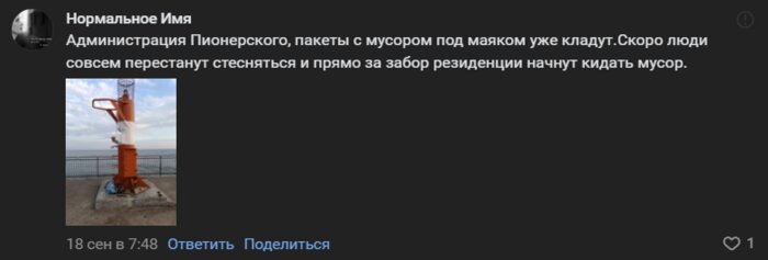 Пивные бутылки и бытовой мусор: в Пионерском маяк в конце пирса превратили в помойку - Новости Калининграда | Скриншот комментария на странице Антона Алиханова «ВКонтакте».