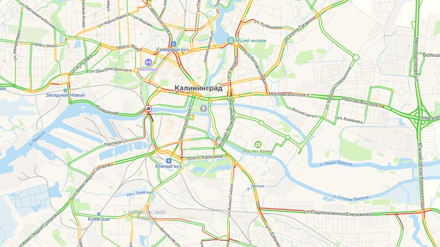 Из-за ДТП на двухъярусном мосту три улицы встали в пробках - Новости Калининграда | Скриншот сервиса «Яндекс.Карты»