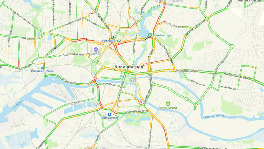 В центре Калининграда в пятницу днём собрались километровые пробки - Новости Калининграда | Скриншот сервиса «Яндекс.Карты»