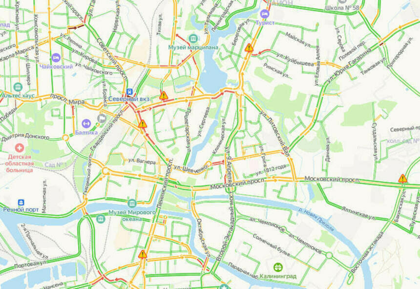 Центр Калининграда в среду днём встал в километровой пробке - Новости Калининграда | Скриншот сервиса «Яндекс.Карты»