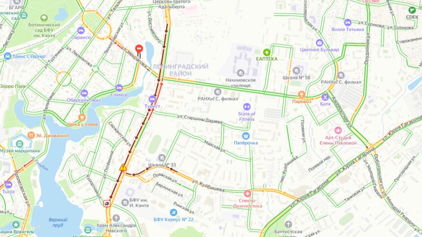 На Невского из-за ДТП в районе БФУ им. Канта собирается большая пробка  - Новости Калининграда | Скриншот сервиса «Яндекс.Карты»