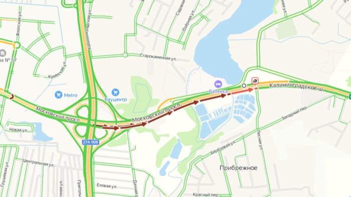 Фура протаранила забор: на Моспроспекте образовалась километровая пробка из-за ДТП (фото)   - Новости Калининграда | Скриншот сервиса «Яндекс. Карты»