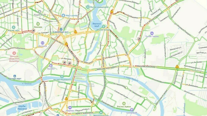 Калининград утром в понедельник встал в 6-балльных пробках - Новости Калининграда | Скриншот сервиса «Яндекс. Карты»