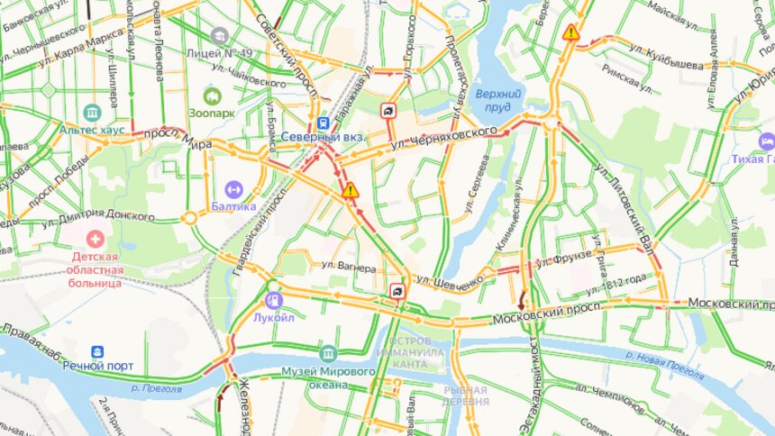 В центре Калининграда произошло два ДТП, собирается пробка  - Новости Калининграда | Скриншот сервиса «Яндекс.Карты»