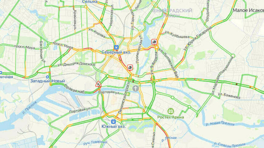 Из-за двух ДТП в центре Калининграда в субботу вечером собираются пробки - Новости Калининграда | Скриншот сервиса «Яндекс.Карты»