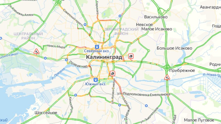 В Калининграде из-за ДТП в пробке встала улица Дзержинского - Новости Калининграда | Скриншот сервиса «Яндекс. Карты»