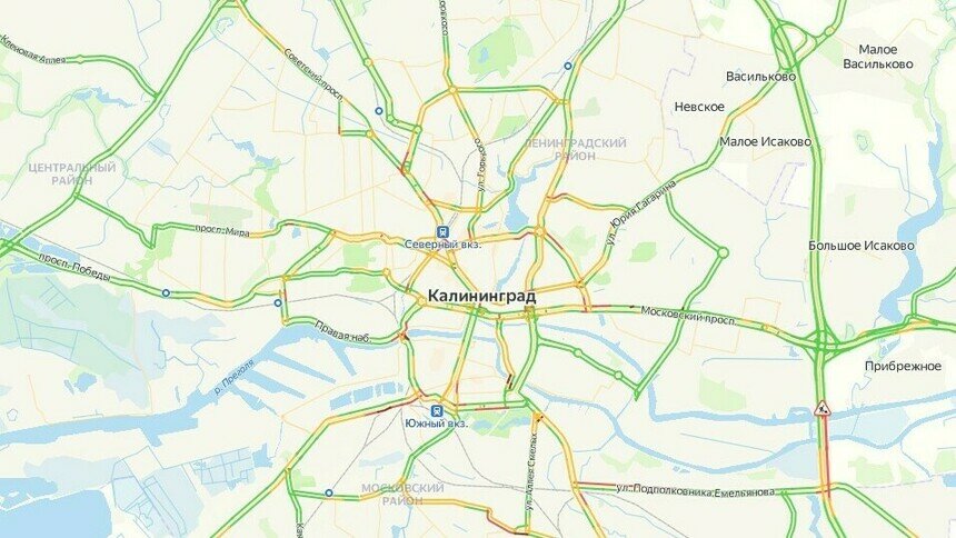 Центр Калининграда утром в пятницу встал в пробках - Новости Калининграда | Скриншот сервиса «Яндекс. Карты»