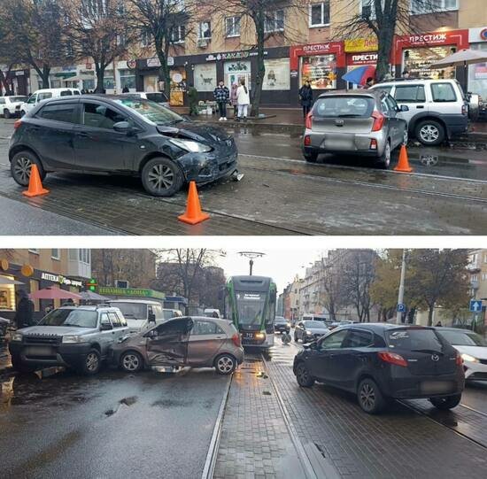 На Багратиона две легковушки столкнулись на трамвайных путях, одна из них отлетела в припаркованный внедорожник - Новости Калининграда | Фото: пресс-служба регионального УМВД