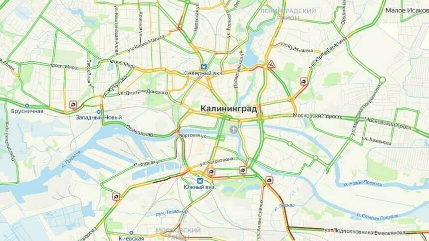 6 ДТП, километровые заторы: ситуация с пробками в Калининграде стала ещё хуже - Новости Калининграда | Скриншот сервиса «Яндекс. Карты»