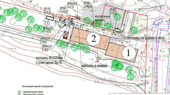 На схеме: 1 — это здание администрации парка, 2 — ветеринарная клиника, 3 — туалет.  | Фото: проектная документация