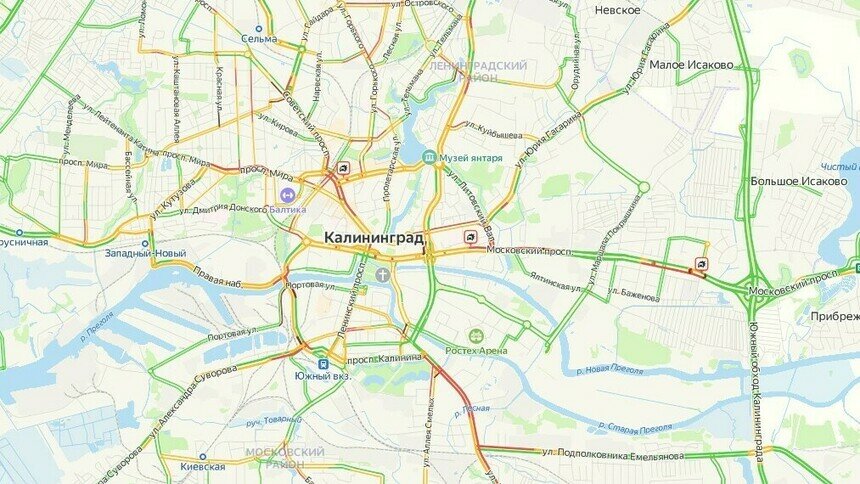 В Калининграде из-за непогоды и трёх аварий оказались заблокированы центральные улицы - Новости Калининграда | Скриншот сервиса «Яндекс. Карты»