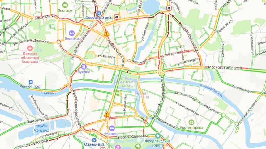 Калининград вечером в пятницу встал в 7-балльных пробках    - Новости Калининграда | Скриншот сервиса «Яндекс. Карты»