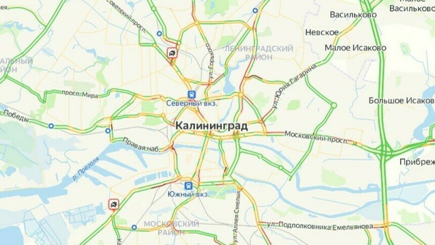 Две аварии: карта пробок в Калининграде на утро пятницы - Новости Калининграда | Скриншот сервиса «Яндекс. Карты»