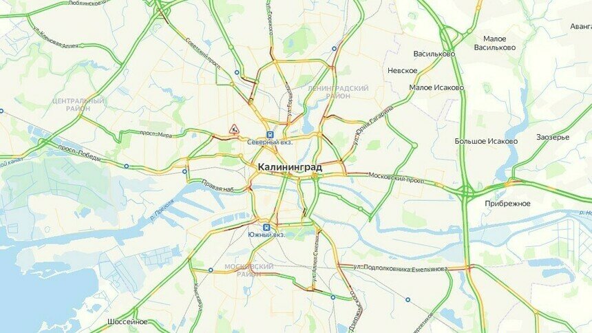 Ситуация — 7 баллов: карта пробок в Калининграде на утро понедельника - Новости Калининграда | Скриншот сервиса «Яндекс. Карты»