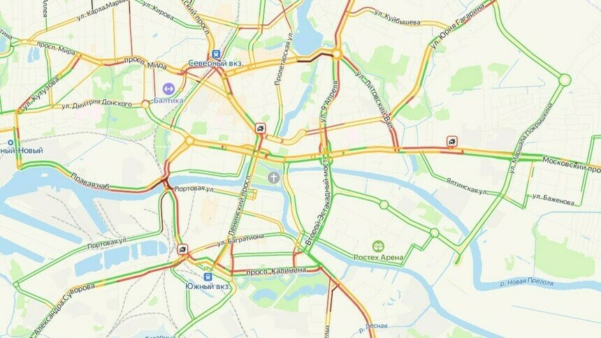 «Золтан» и не думает утихать: из-за непогоды и 3 ДТП центр Калининграда парализовало в 7-балльных пробках - Новости Калининграда | Скриншот сервиса «Яндекс. Карты»
