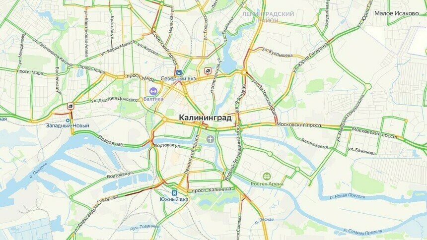 Два ДТП: карта пробок в Калининграде на утро среды - Новости Калининграда | Скриншот сервиса «Яндекс. Карты»