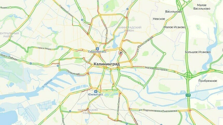 Ситуация — 6 баллов: карта пробок в Калининграде на утро вторника - Новости Калининграда | Скриншот сервиса «Яндекс. Карты»