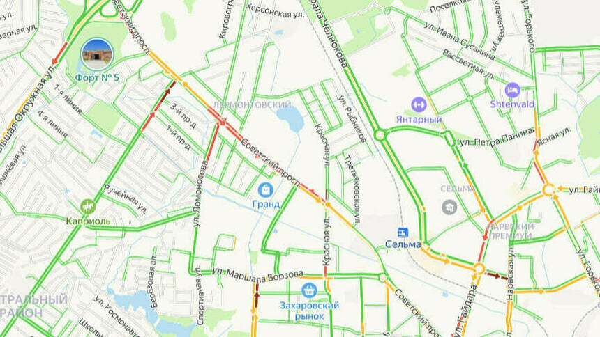Выезд из Калининграда в сторону моря утром в пятницу встал в пробках - Новости Калининграда | Скриншот сервиса «Яндекс. Карты»