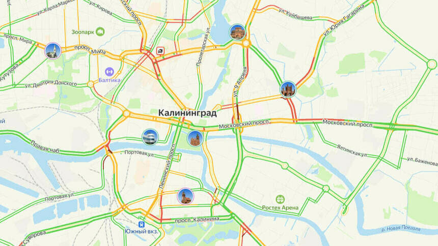 Центр стоит: карта пробок в Калининграде на утро среды - Новости Калининграда | Скриншот сервиса «Яндекс. Карты»