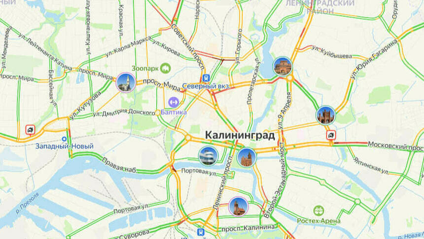 Два ДТП: карта пробок в Калининграде на утро среды - Новости Калининграда | Скриншот сервиса «Яндекс. Карты»