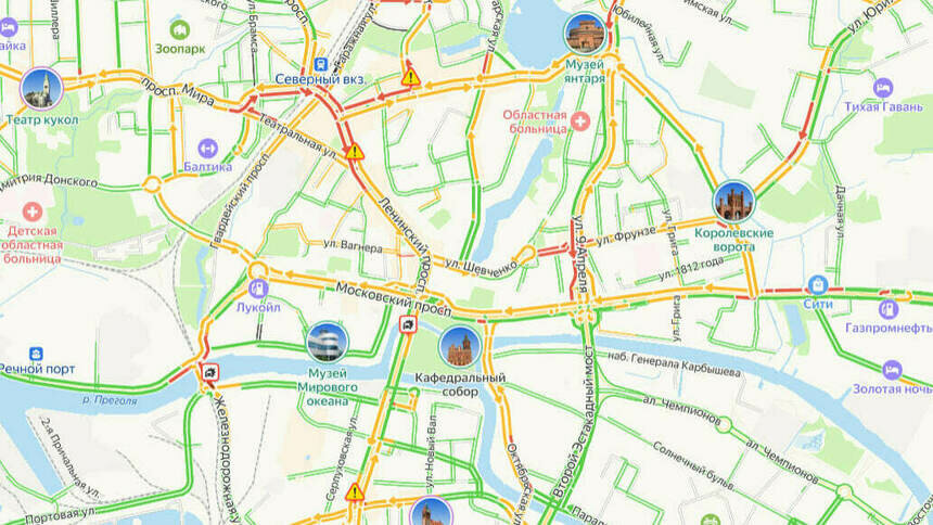 Две аварии: карта пробок в Калининграде на утро пятницы - Новости Калининграда | Скриншот сервиса «Яндекс. Карты»