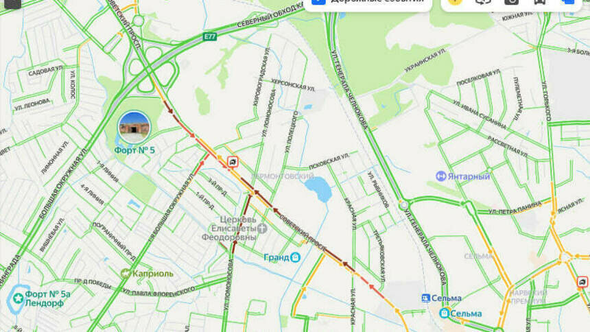 Дорогу к морю не поделили: из-за ДТП на Советском проспекте встали в пробках въезд и выезд из города - Новости Калининграда | Скриншот сервиса «Яндекс.Карты»