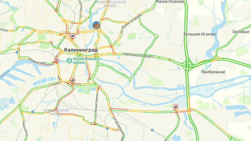 3 ДТП: карта пробок в Калининграде на утро среды - Новости Калининграда | Скриншот сервиса «Яндекс. Карты»