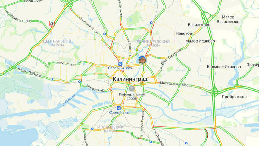 Ситуация — 5 баллов: карта пробок в Калининграде на утро вторника - Новости Калининграда | Скриншот сервиса «Яндекс. Карты»