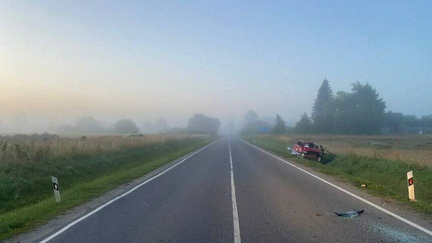 На трассе в Правдинском районе легковушка на большой скорости вылетела в кювет и снесла дорожный знак - Новости Калининграда | Фото: ГАИ региона