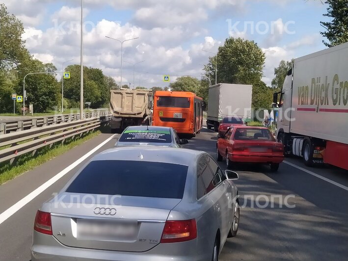 У мотеля «Балтика» песковоз столкнулся с городским автобусом, машины объезжают аварию по обочине (фото) - Новости Калининграда | Фото: очевидцы 