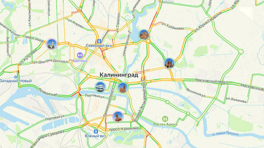 Машины стоят в центре: карта пробок в Калининграде на утро понедельника - Новости Калининграда | Скриншот сервиса «Яндекс. Карты»